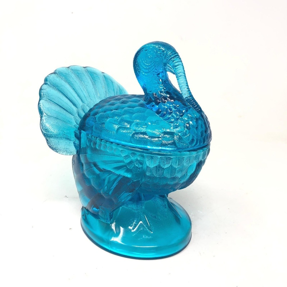 Vintage LE Smith Glass Turkey Covered Candy Dish‎ Blue Thanksgiving Decor